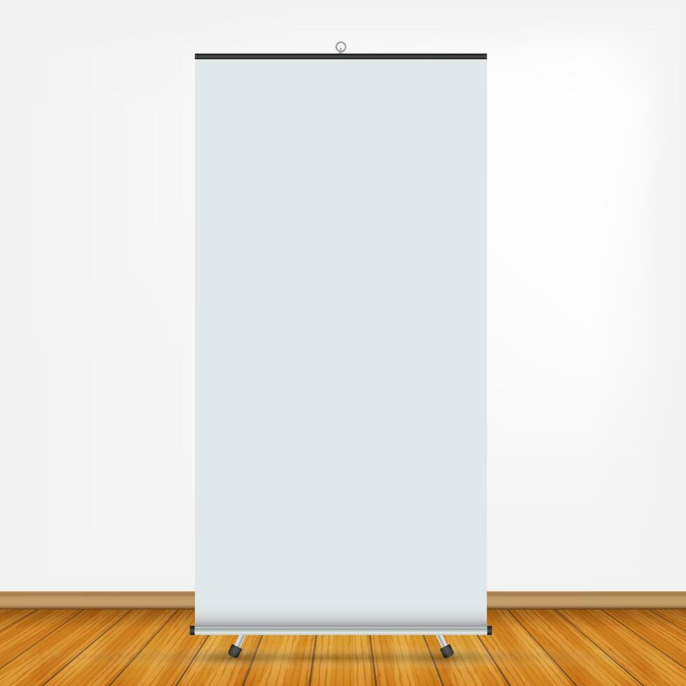 Blank roll up banner display. Roll up banner stand. Vector stock illustration