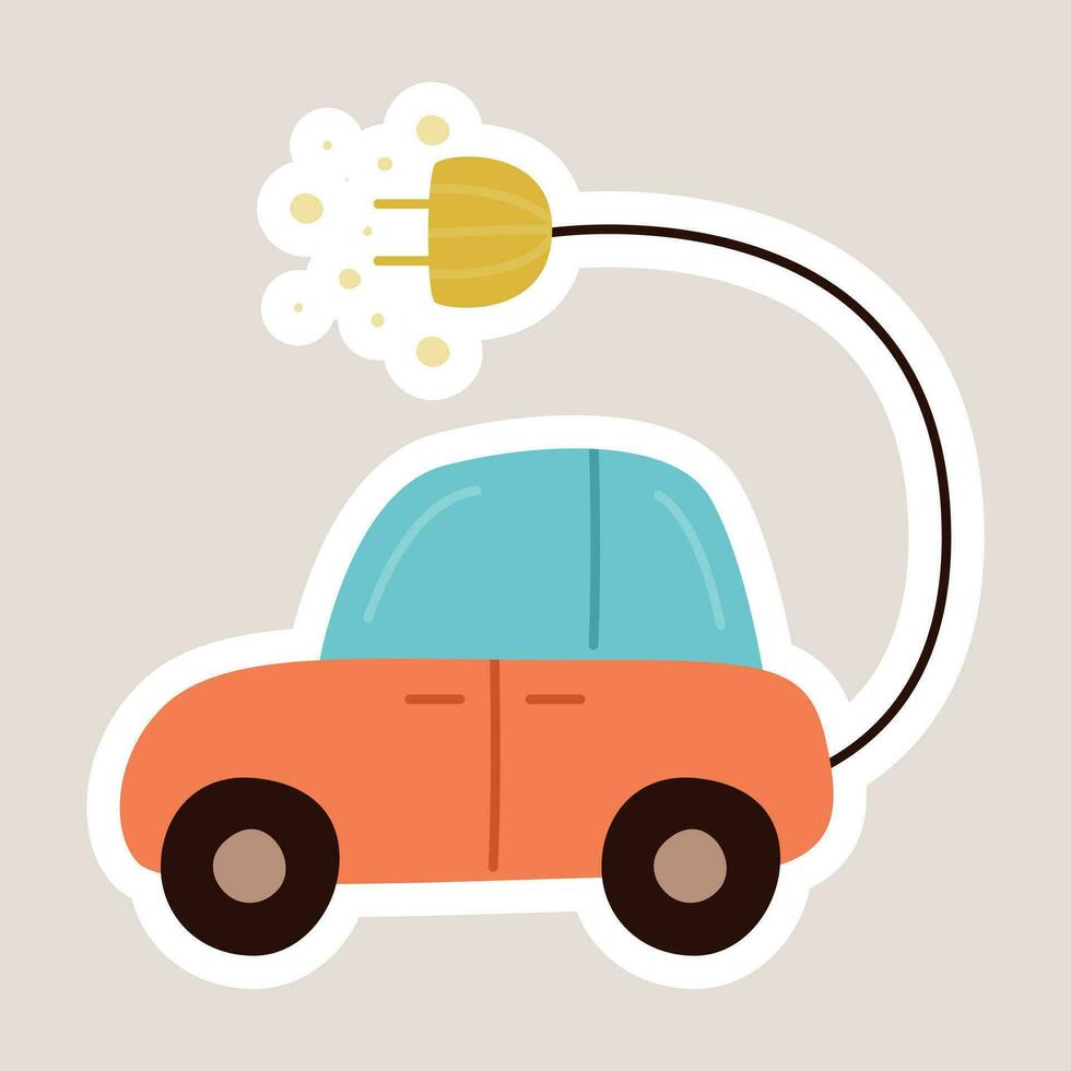Vector isolated cartoon sticker of Electric car with power cable.