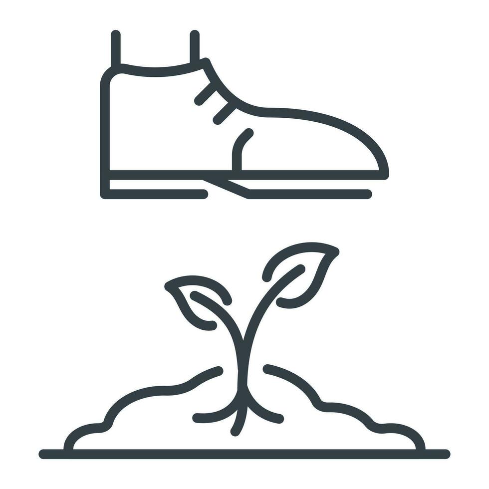 Boot stepping on a sprout growing from the ground, vector isolated flat icon, environmental conservation and ecology destruction design element.