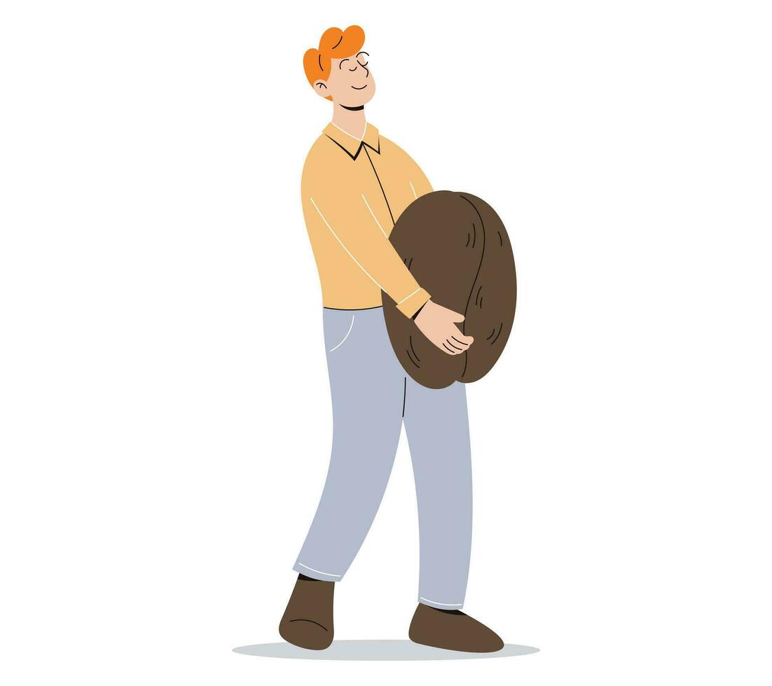 Cartoon Male Barista Carrying a Huge Coffee Bean. Vector isolated flat illustration.