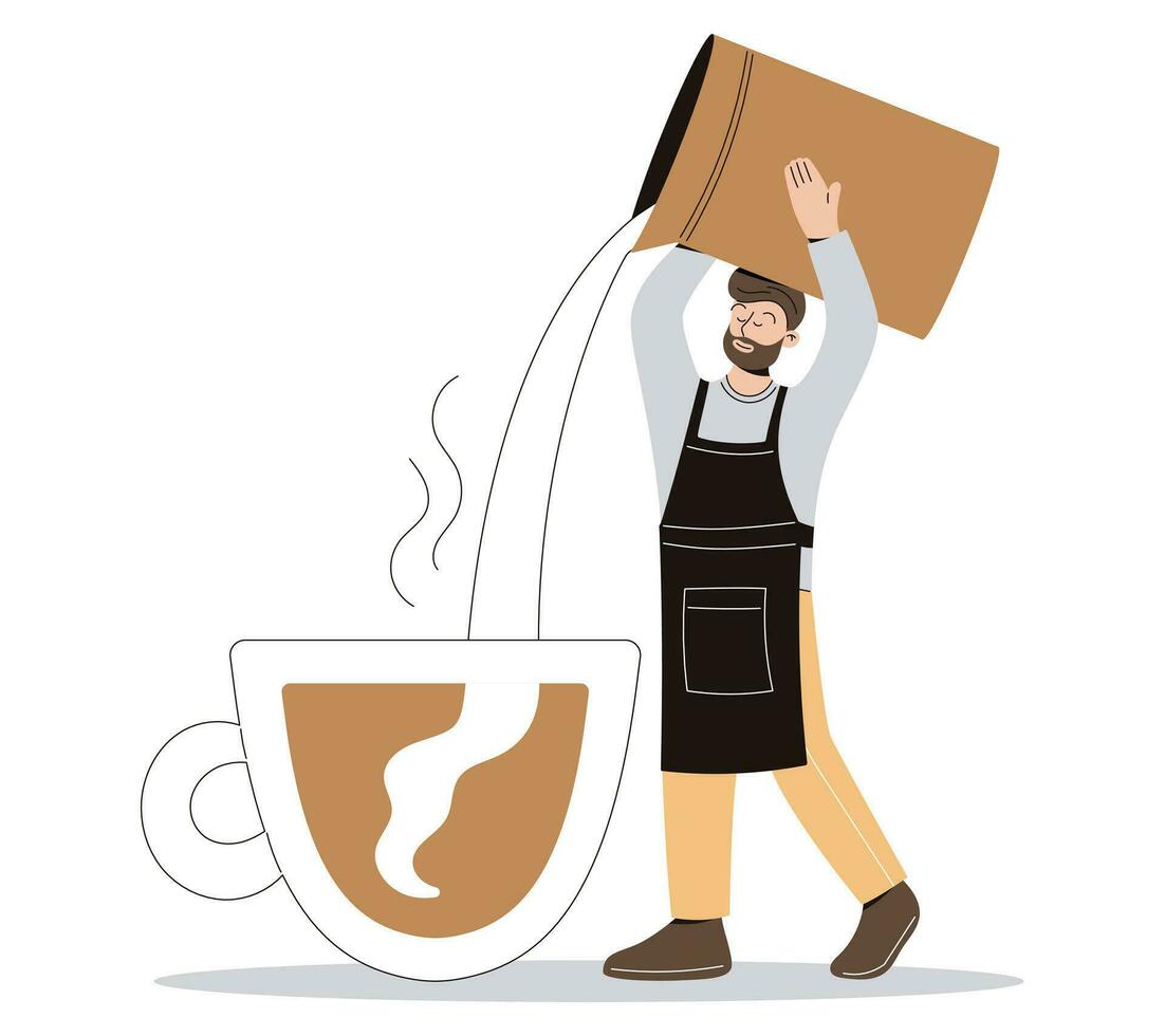 Cartoon Barista pouring milk or cream into a huge cup of coffee. Man making cappuccino or latte. Vector isolated flat illustration.
