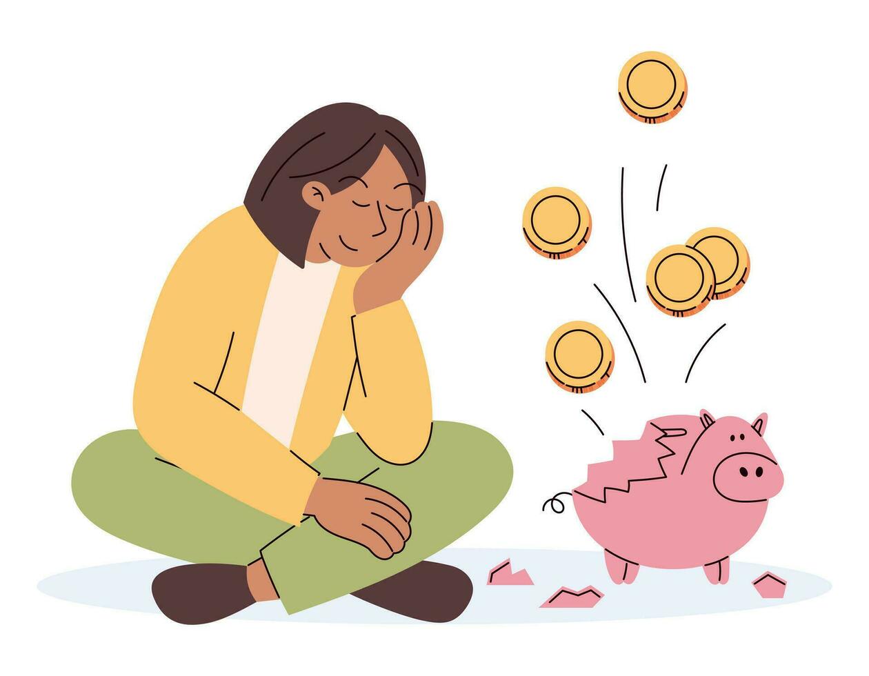 Saving money concept. Cartoon Young woman sitting cross legged next to a piggy bank. A pile of gold coins, wealth and great finances. Vector isolated flat illustration.