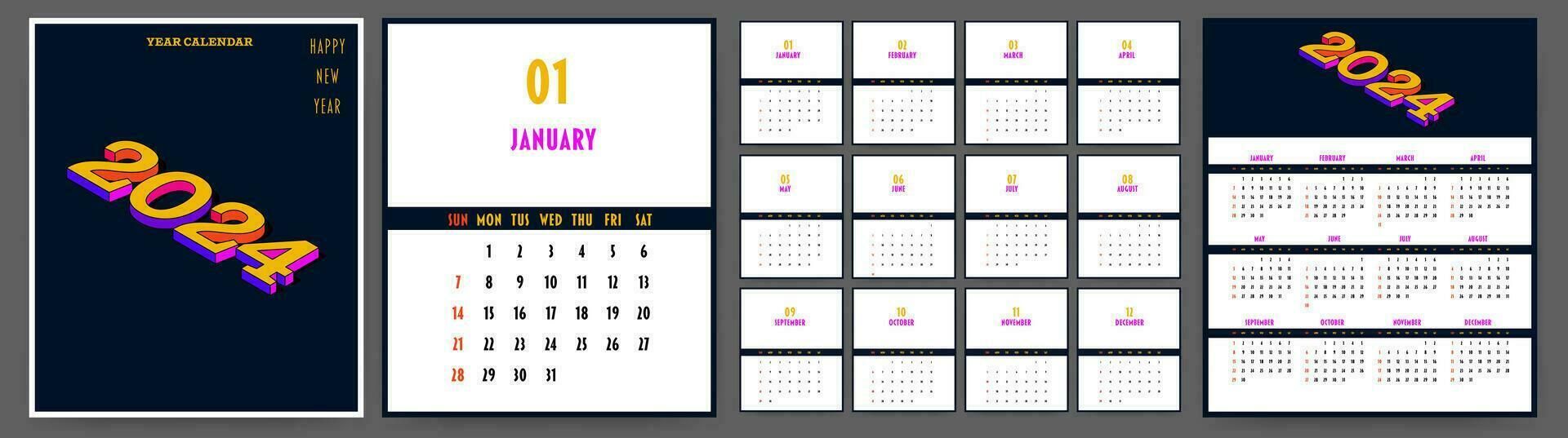 Calendar 2024 year. Week starts on Sunday. Design for planner, printing, stationery, organizer. vector