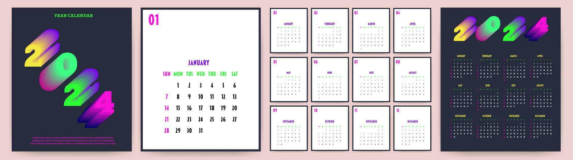 Calendar 2024 year. Week starts on Sunday. Design for planner, printing, stationery, organizer. vector