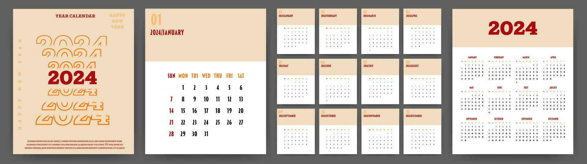 Calendar 2024 year. Week starts on Sunday. Design for planner, printing, stationery, organizer. vector