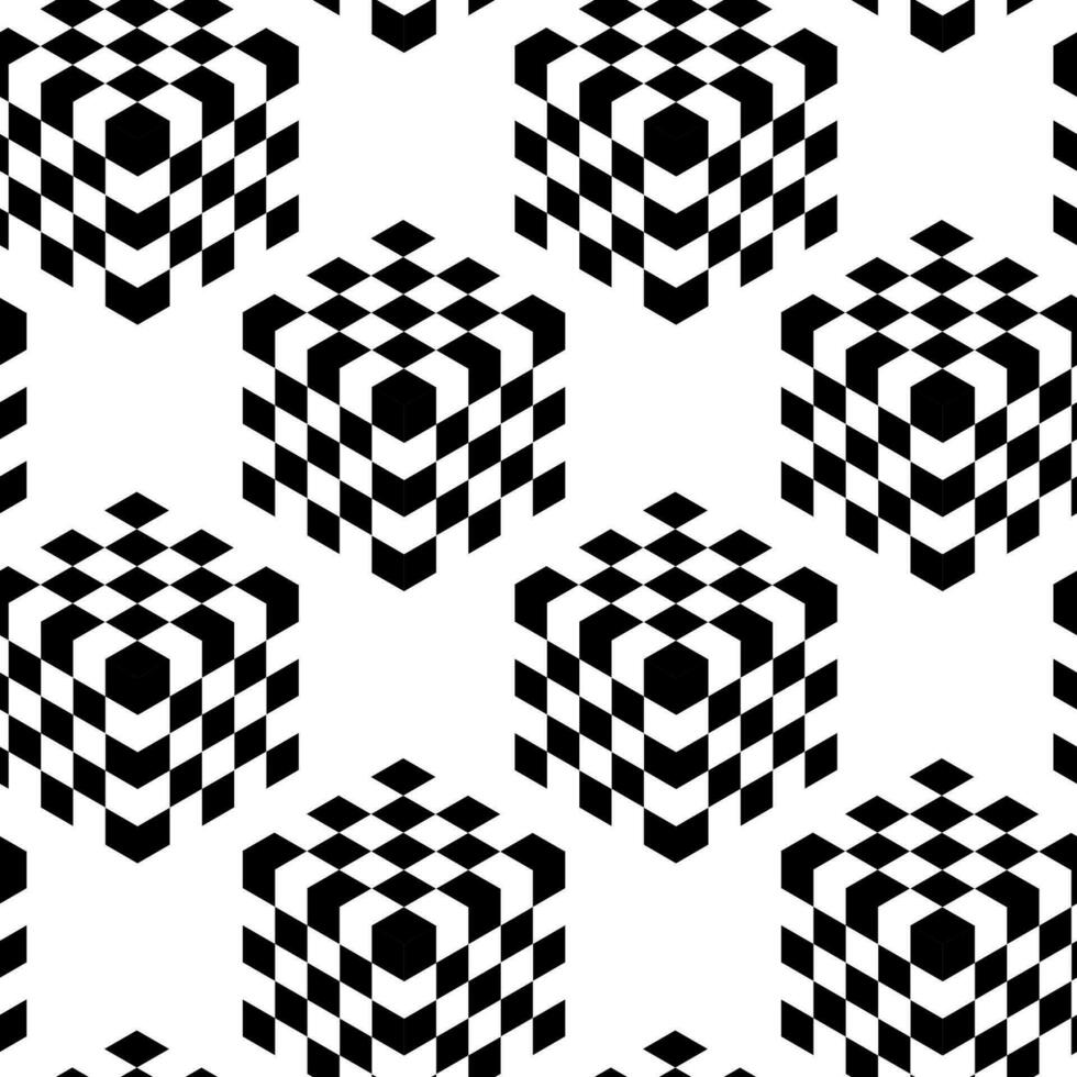 Seamless pattern with geometric shapes. Vector illustration. Black and white background with 3d cubes and optical effects.