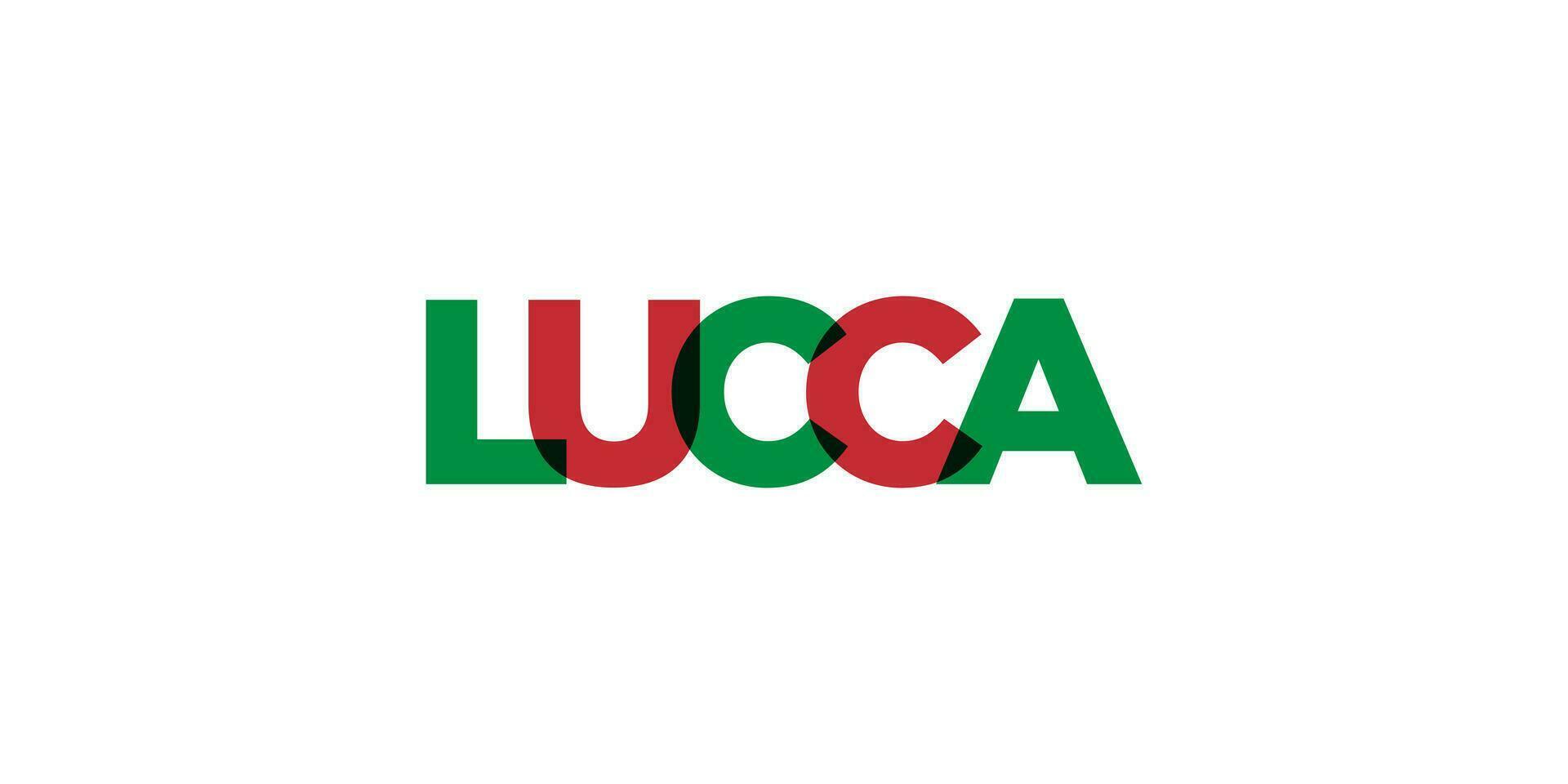 Lucca in the Italia emblem. The design features a geometric style, vector illustration with bold typography in a modern font. The graphic slogan lettering.