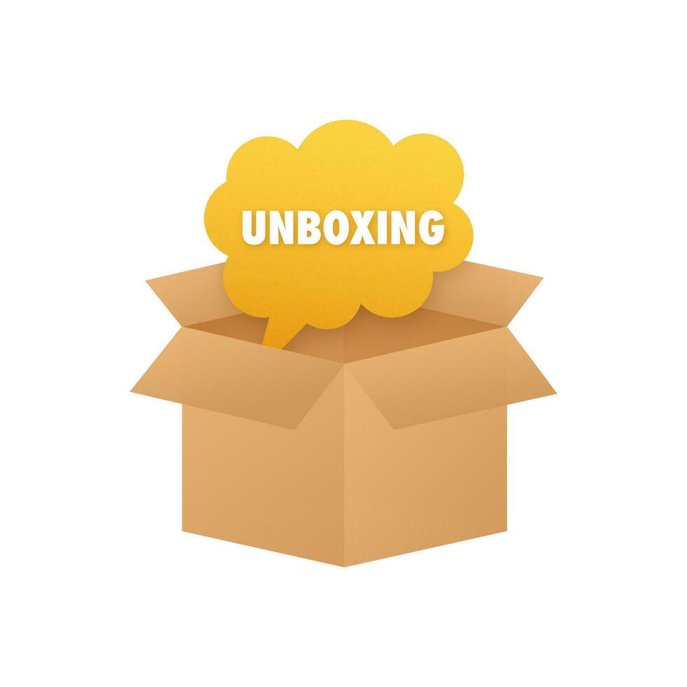 Unpack, package unboxing template. Box Open. Vector stock illustration