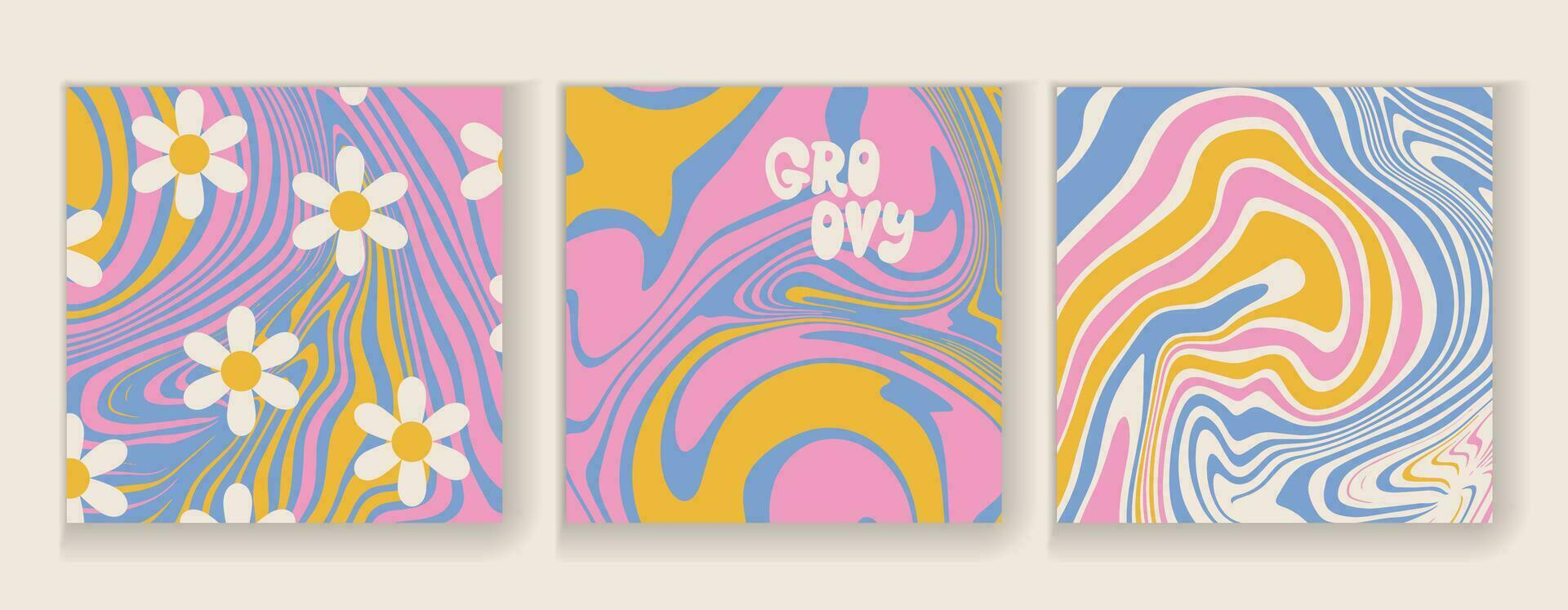 Set of Groovy square posters in 70-80s retro hippie style for print design. Spiral fluid vector illustration. Psychedelic print. Vintage background. Cover, wallpaper in 60s, 70s hippie aesthetics.