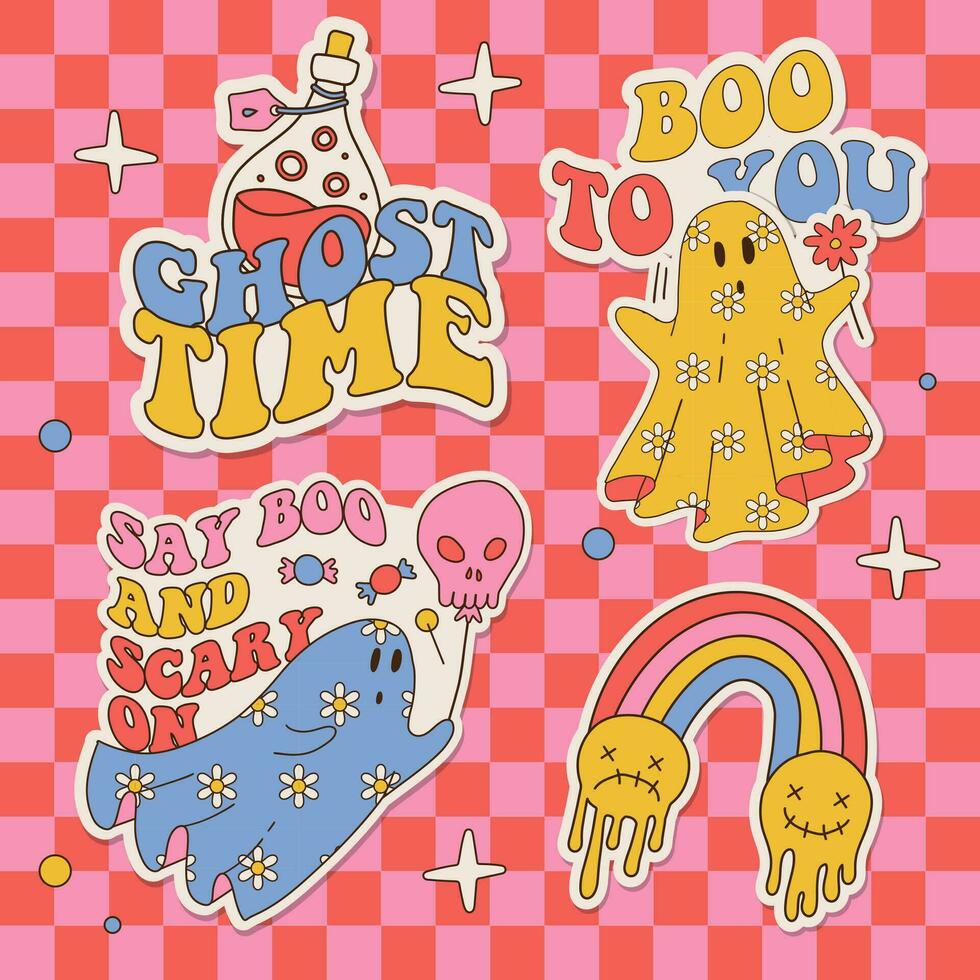 Stickers set with cute ghosts in flower ornament and Halloween funny quotes. 70s trendy groovy colors vector illustration.