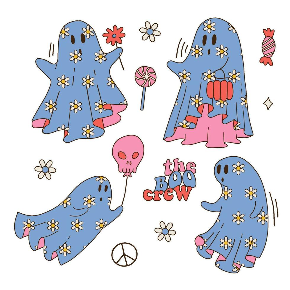 Groovy cute Halloween ghosts set with flower pattern decor. contour colorful vector illustration. Boo crew quote