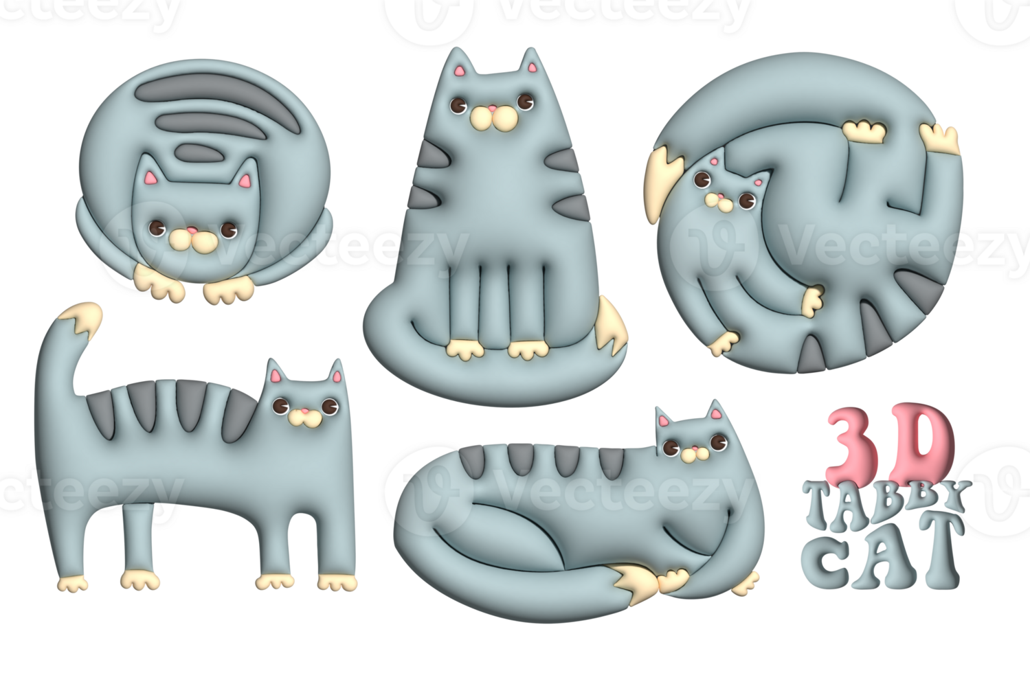 Set of volumetric happy gray tabby cats in different poses. 3d render kittens collection. Rastr clay style illustration. png