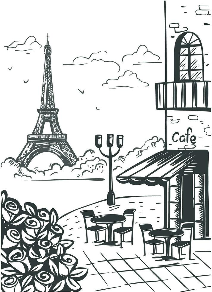 Cafe on background of Eiffel Tower sketch vector