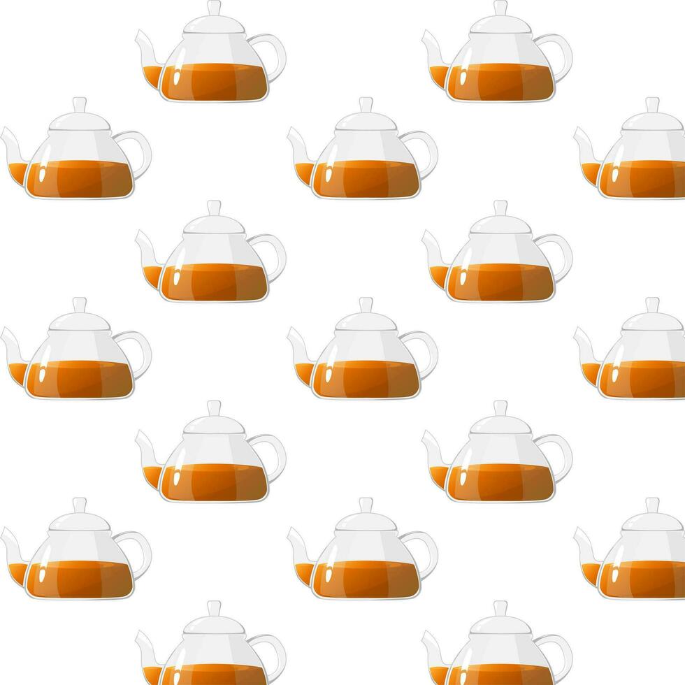 Seamless pattern glass teapot with tea. Transparent glass teapot. Glass tea kettle for boiling water, tableware for tea ceremony at home. Healthy drinks concept vector