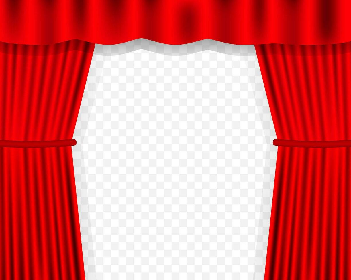 Entertainment curtains background for movies. Beautiful red theatre folded curtain drapes on black stage. Vector illustration.