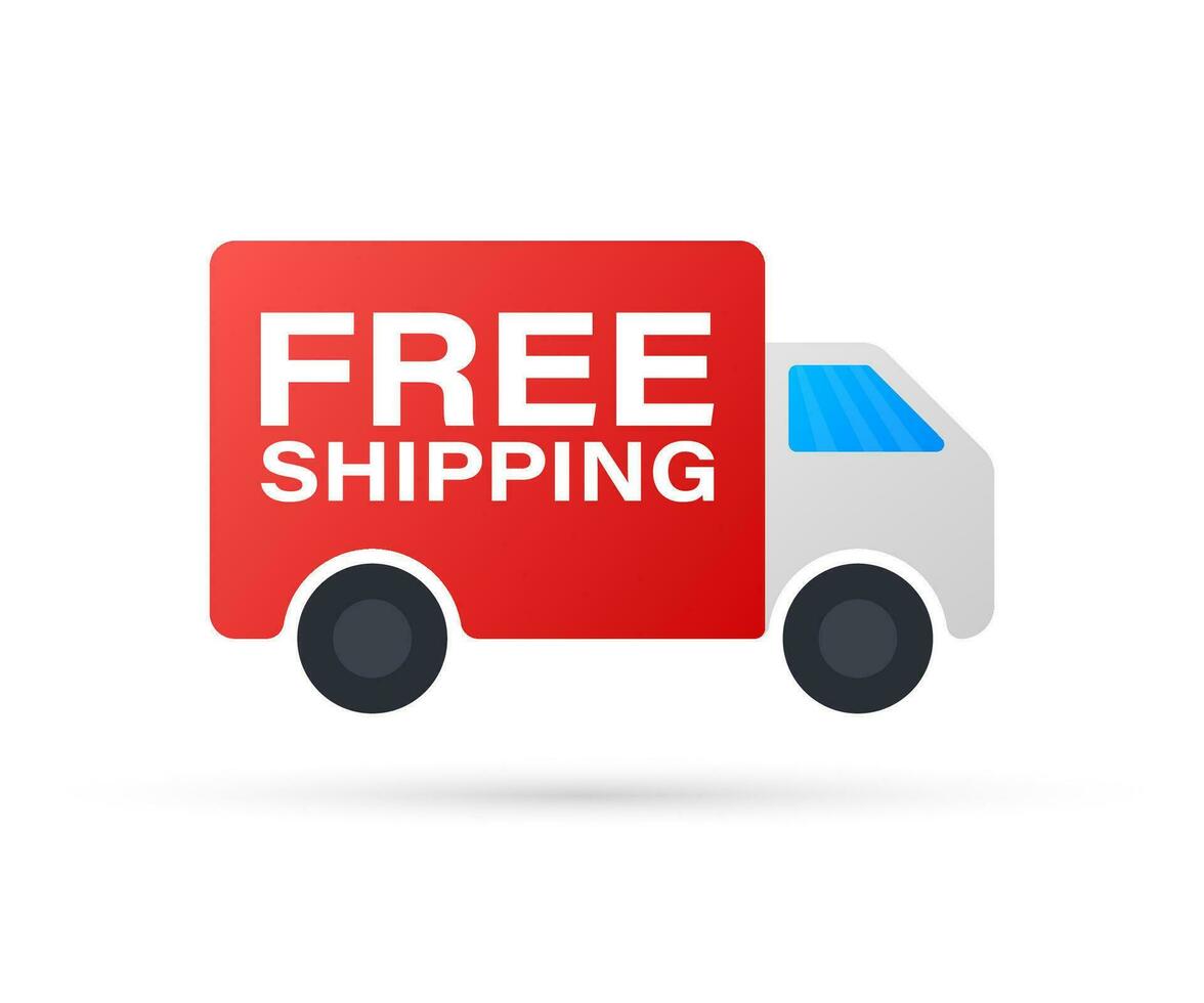 Free shipping concept. Delivery truck transporting a cardboard package. Vector illustration.