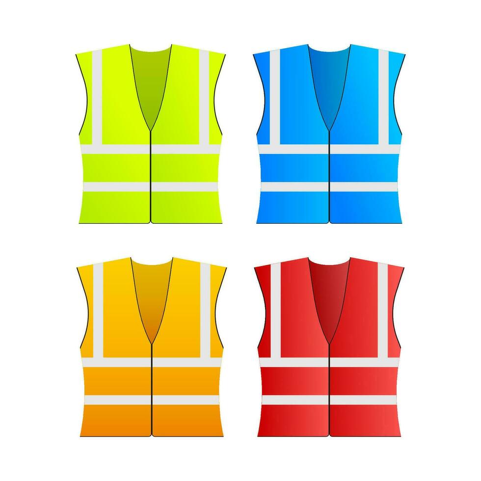 Safety jacket security. Set of yellow and orange work uniform with reflective stripes. Vector stock illustration.