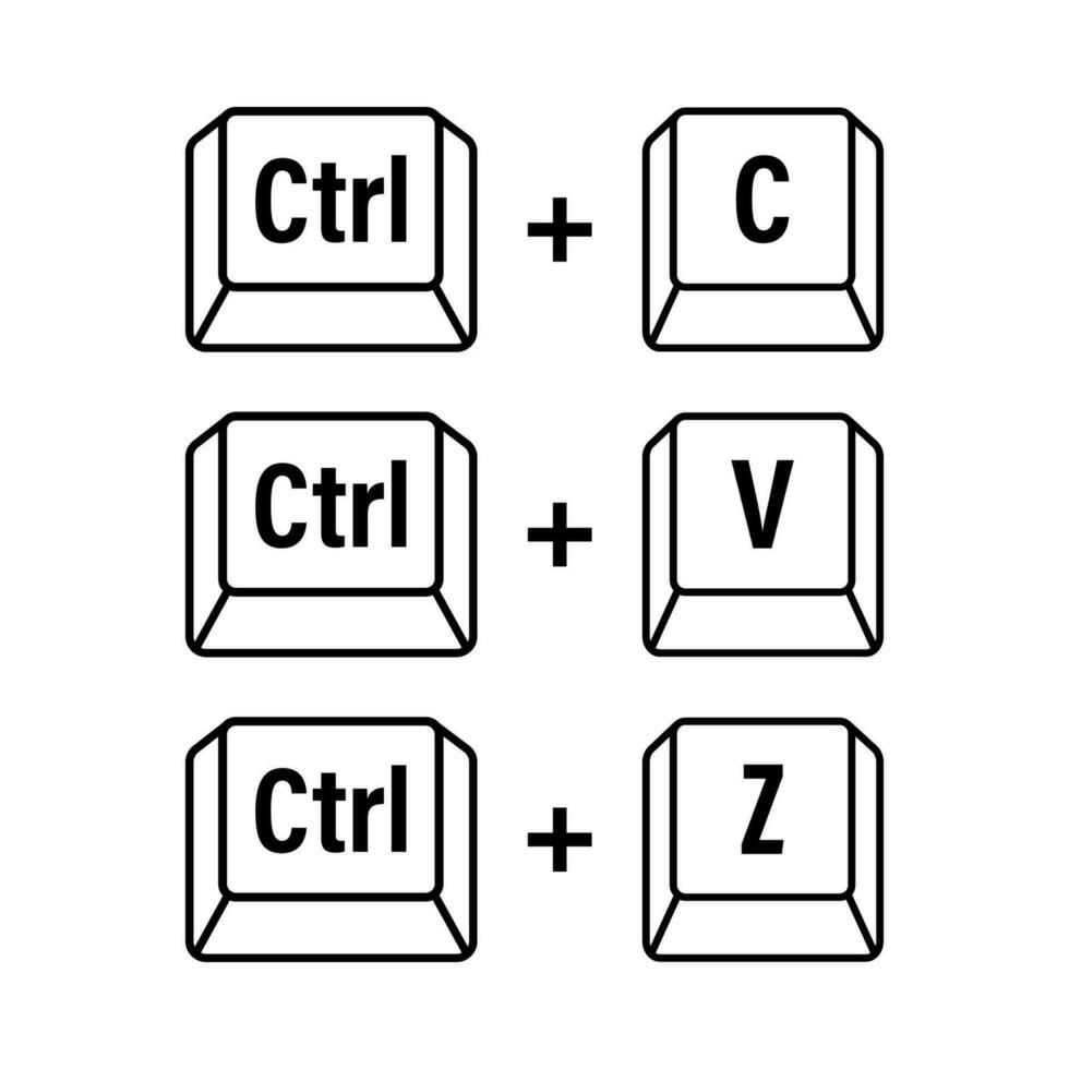 Ctrl C, Ctrl V and Ctrl Z computer keyboard buttons. Desktop interface. Web icon. Vector stock illustration