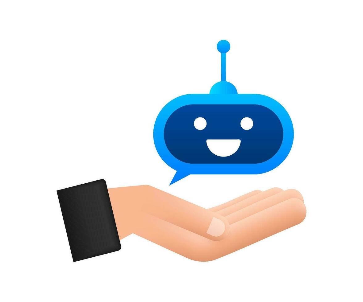 Cute smiling robot in hands.Vector modern flat cartoon character illustration. Voice support service bot vector