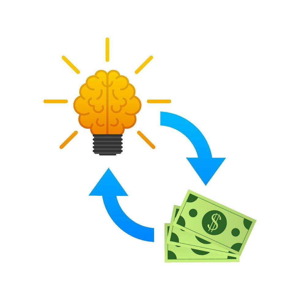 Light bulb idea and money on scales. Vector stock illustration.