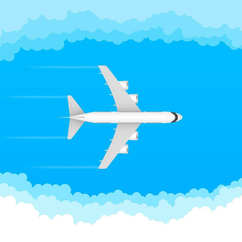 Flat airplane illustration, view of a flying aircraft. Vector stock illustration