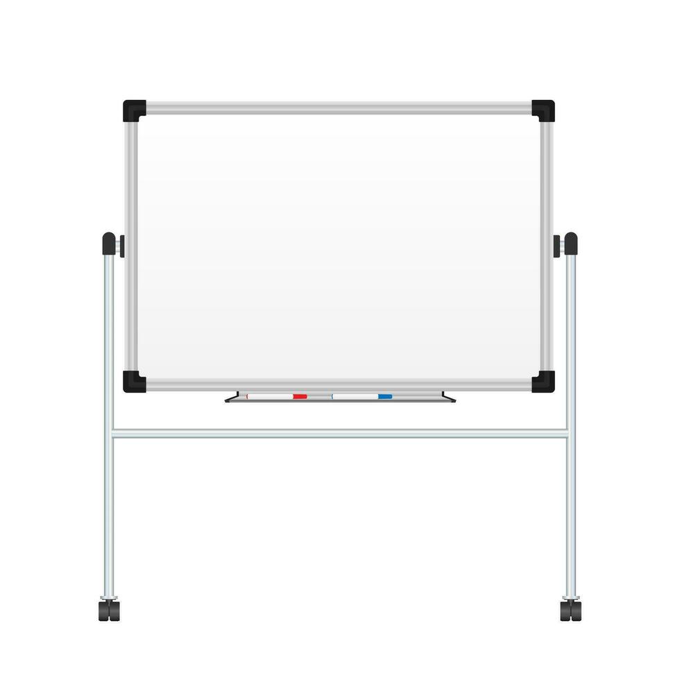Realistic office Whiteboard. Empty whiteboard with marker pens. Vector stock illustration