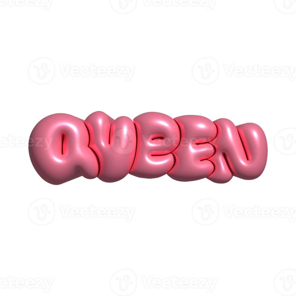 3d realistic isolated pink balloon text of Queen on the transparent background. Girly Decorative 3d render object in balloon or bubble gum style png