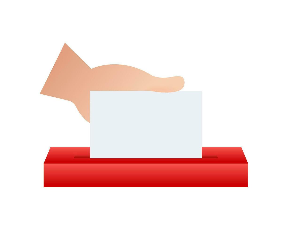 Hand puts vote bulletin into vote box. Voting concept. Ballot box. Vector stock illustration
