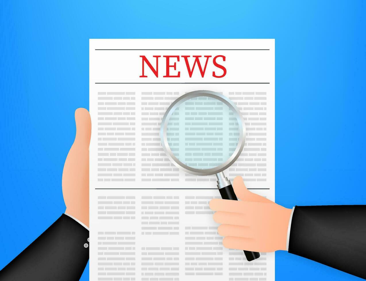Blank daily newspaper. Fully editable whole newspaper in clipping mask. Reads news with a magnifying glass. Vector stock illustration