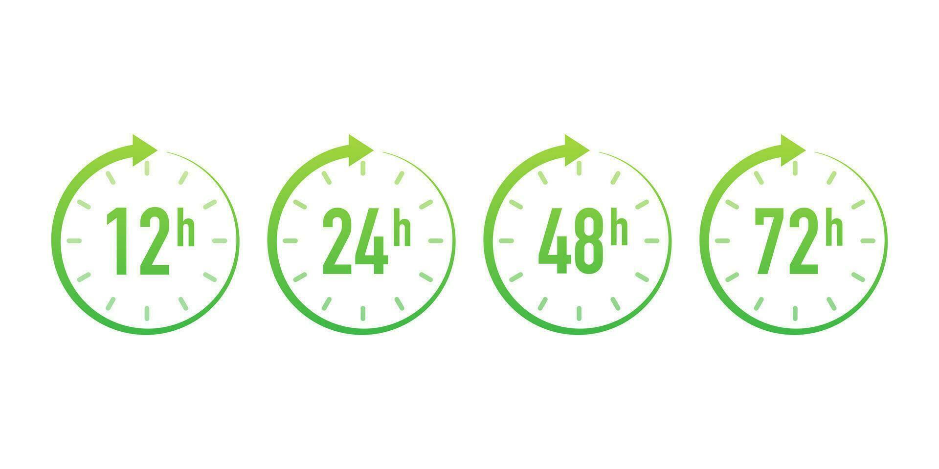 12, 24, 48, 72 hours clock arrow. Work time effect or delivery service time. Vector stock illustration