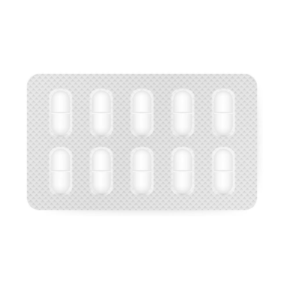 Realistic pills blister with capsules on white background. Realistic mock up of pills packaging medicines, tablets, capsules. Vector illustration.