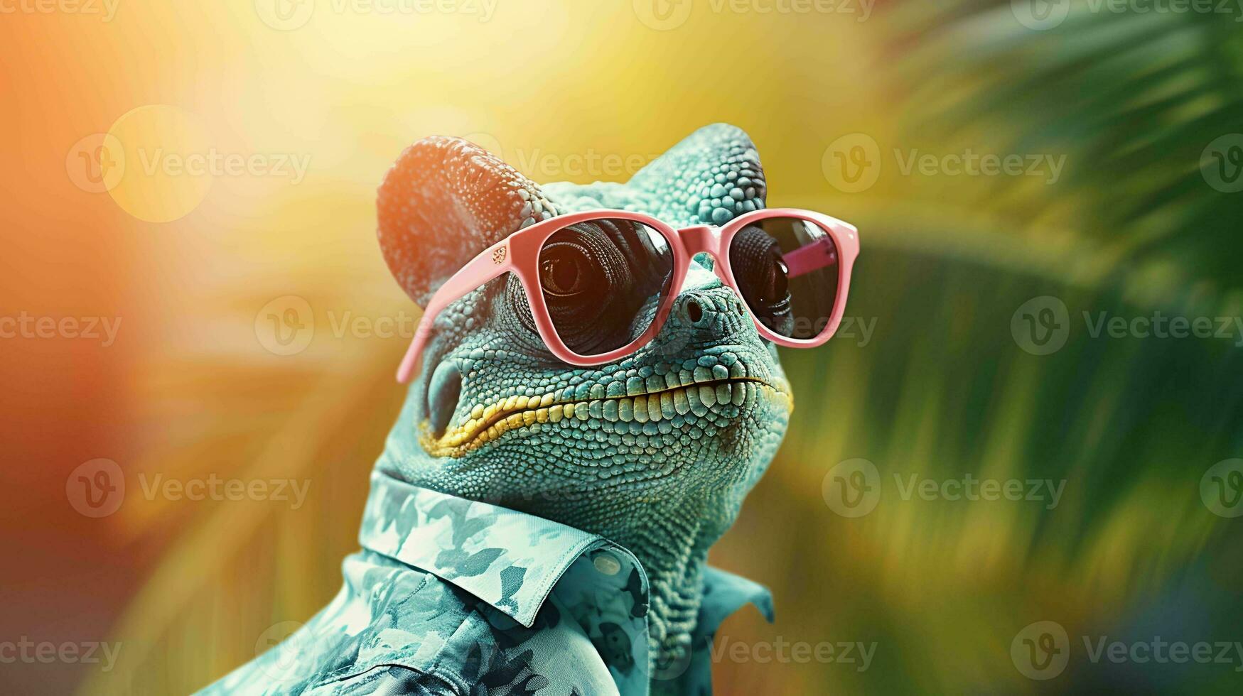 Chameleon sporting stylish sunglasses. A reptilian fashion statement photo