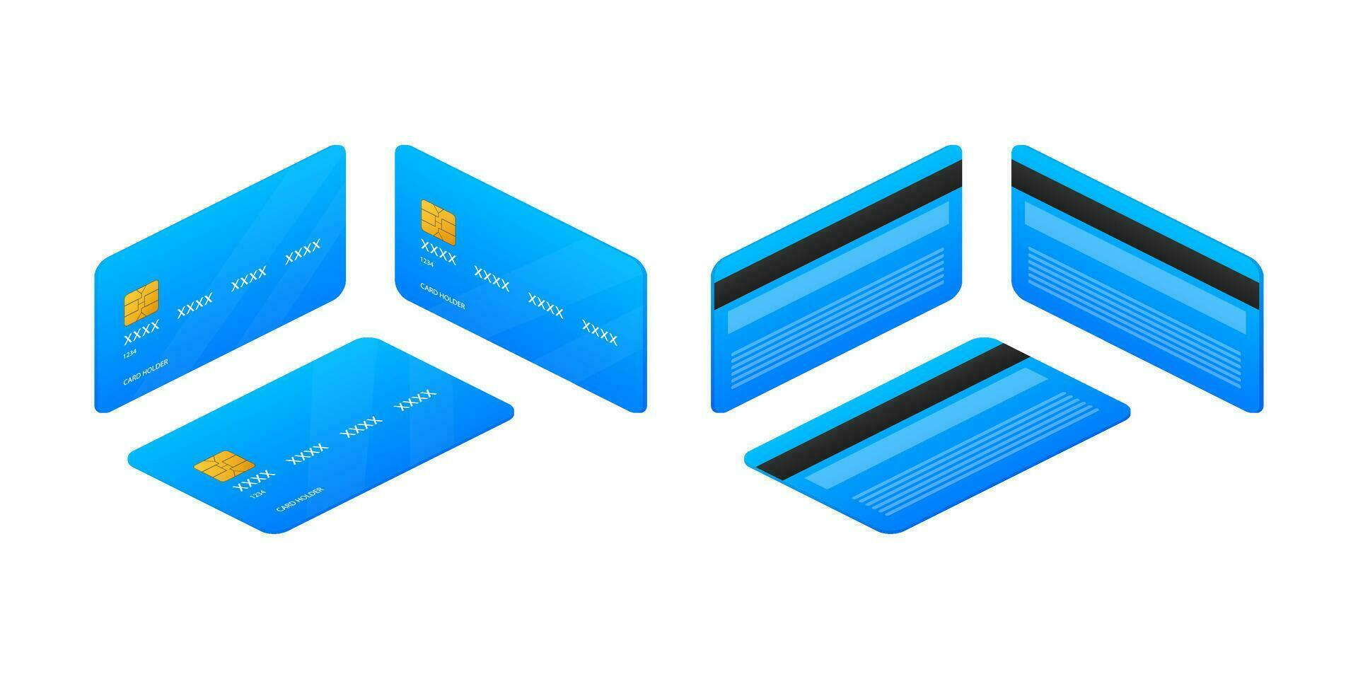 Blue flat credit card template on white background. Isometric view. Vector Illustration