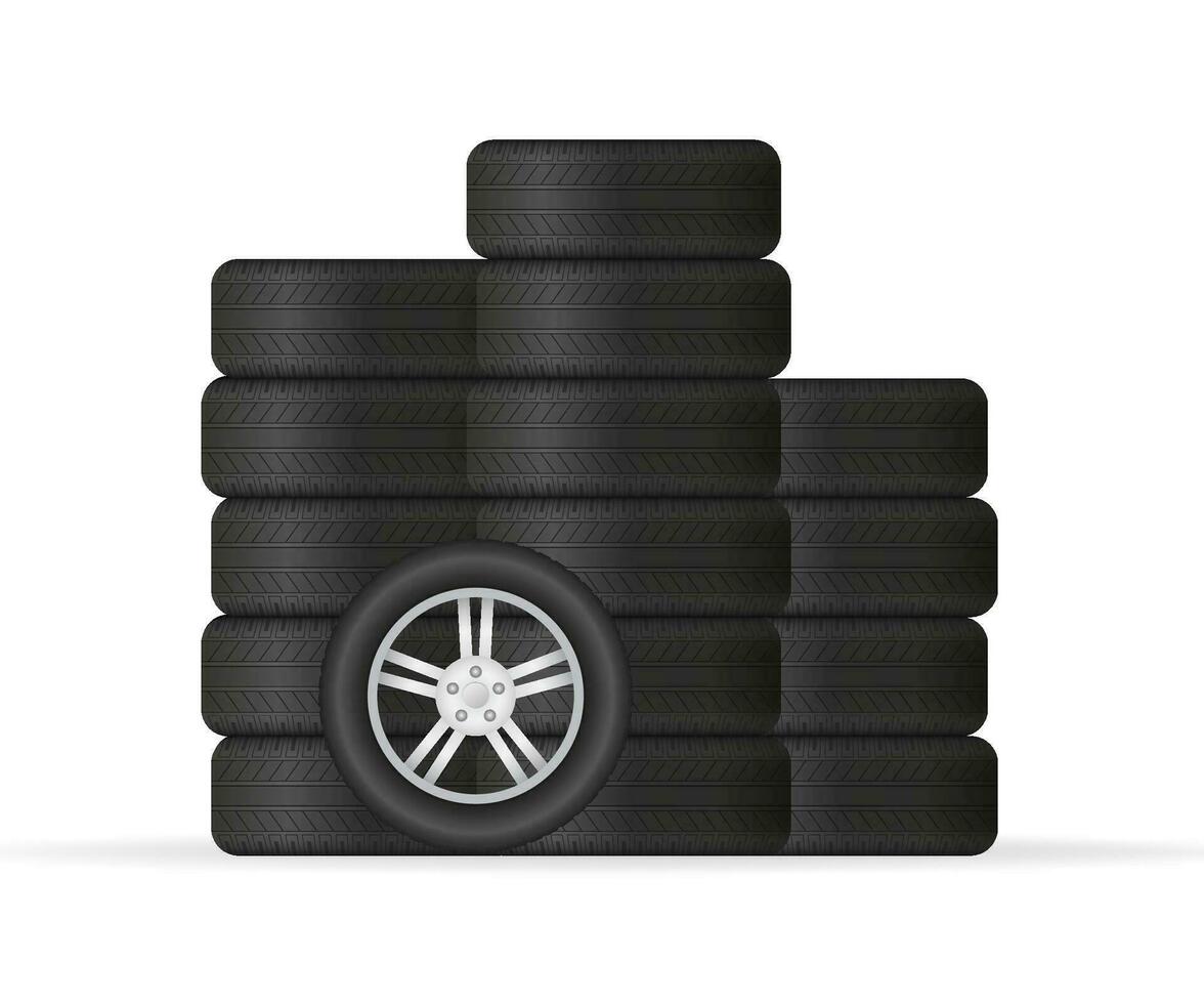 Realistic shining disk car wheel tyre set. Vector illustration.