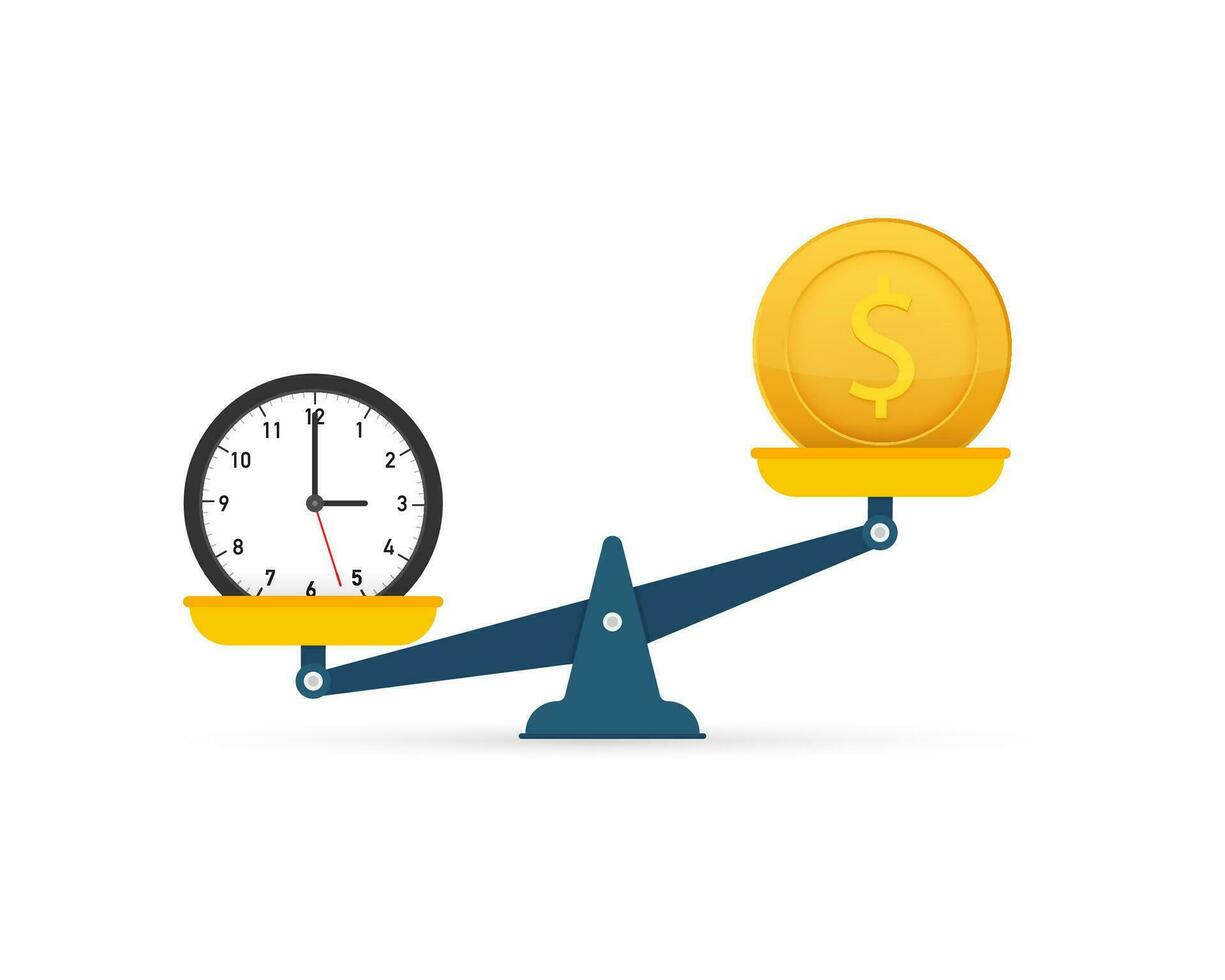 hora es dinero en escamas icono. dinero y hora equilibrar en escala. vector ilustración.