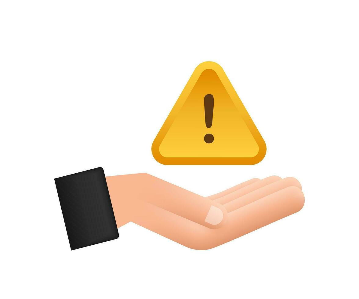 Banner with yellow scam alert over hands. Attention sign. Cyber security icon. Caution warning sign sticker. Flat warning symbol. Vector stock illustration