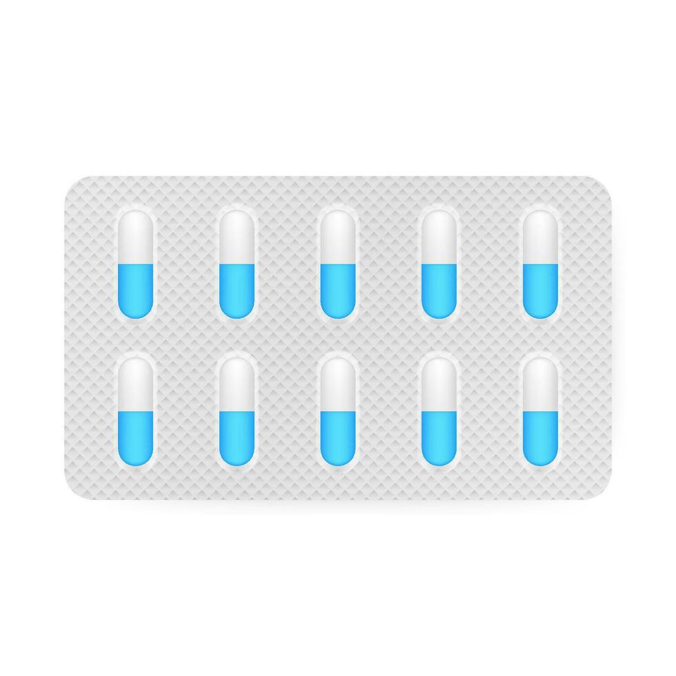 Realistic pills blister with capsules on white background. Realistic mock up of pills packaging medicines, tablets, capsules. Vector illustration.
