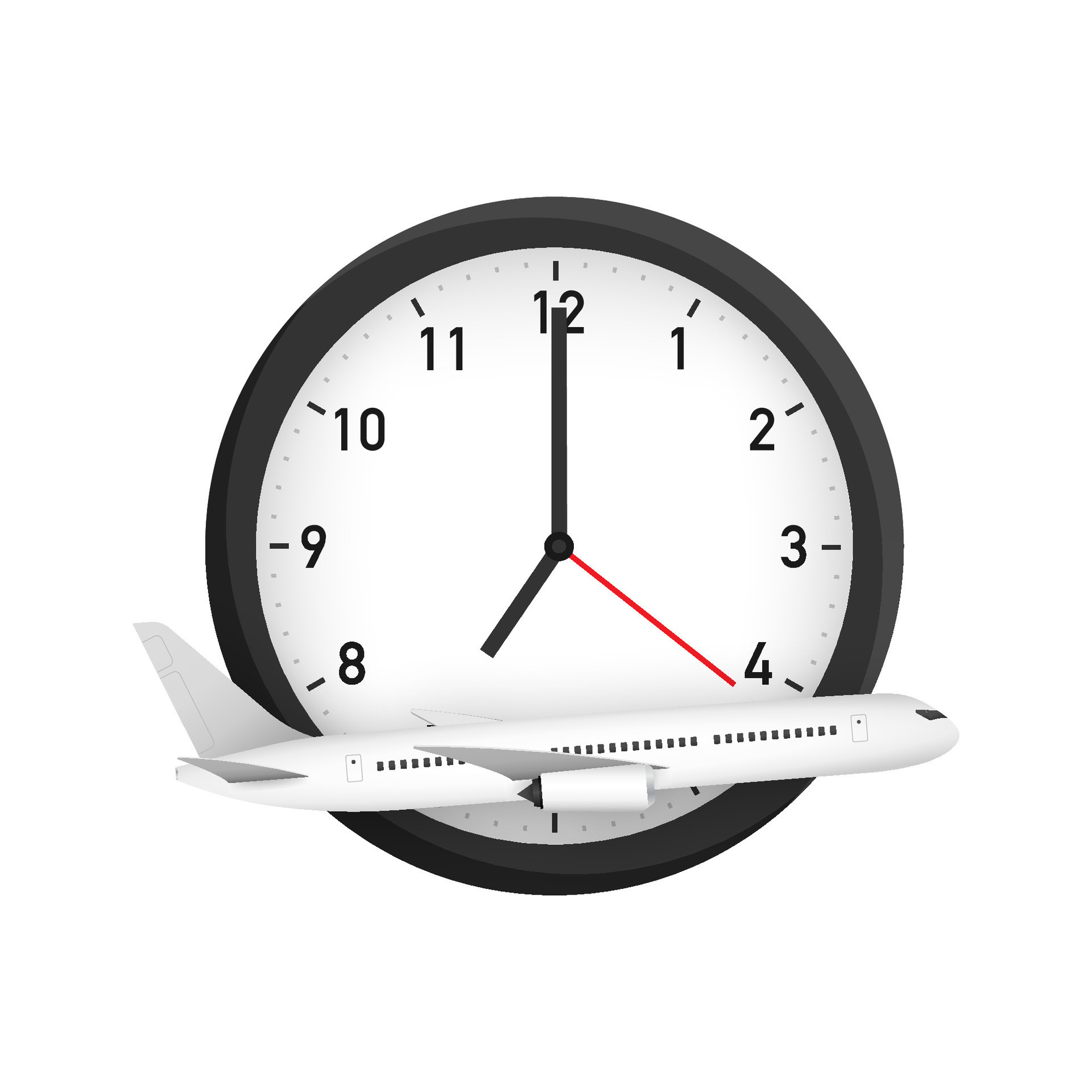 Airplane with clock sign. Airport flights symbol. Creative holiday