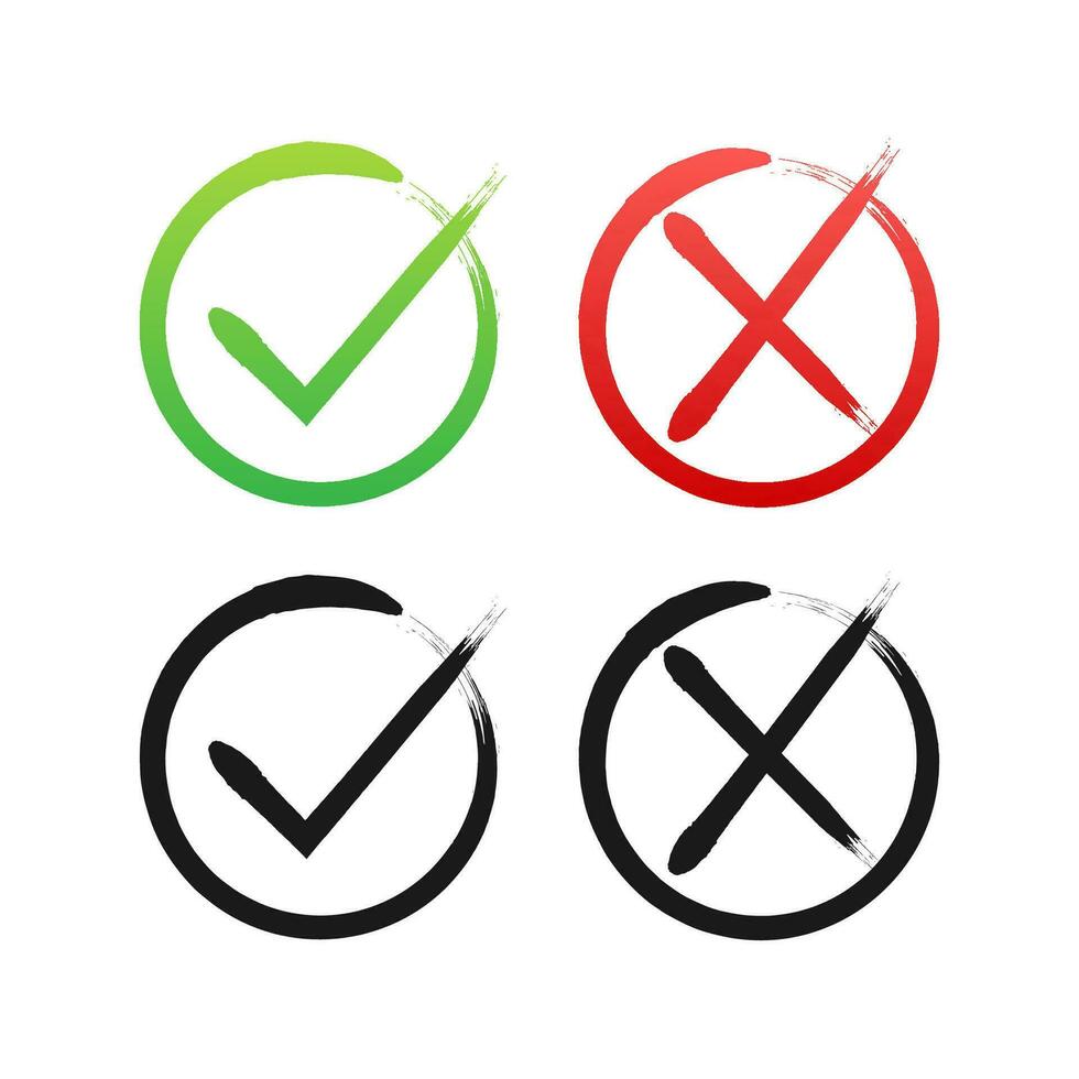 Tick and cross signs. Green checkmark OK and red X icon. Symbols YES and NO button for vote. Vector stock illustration.