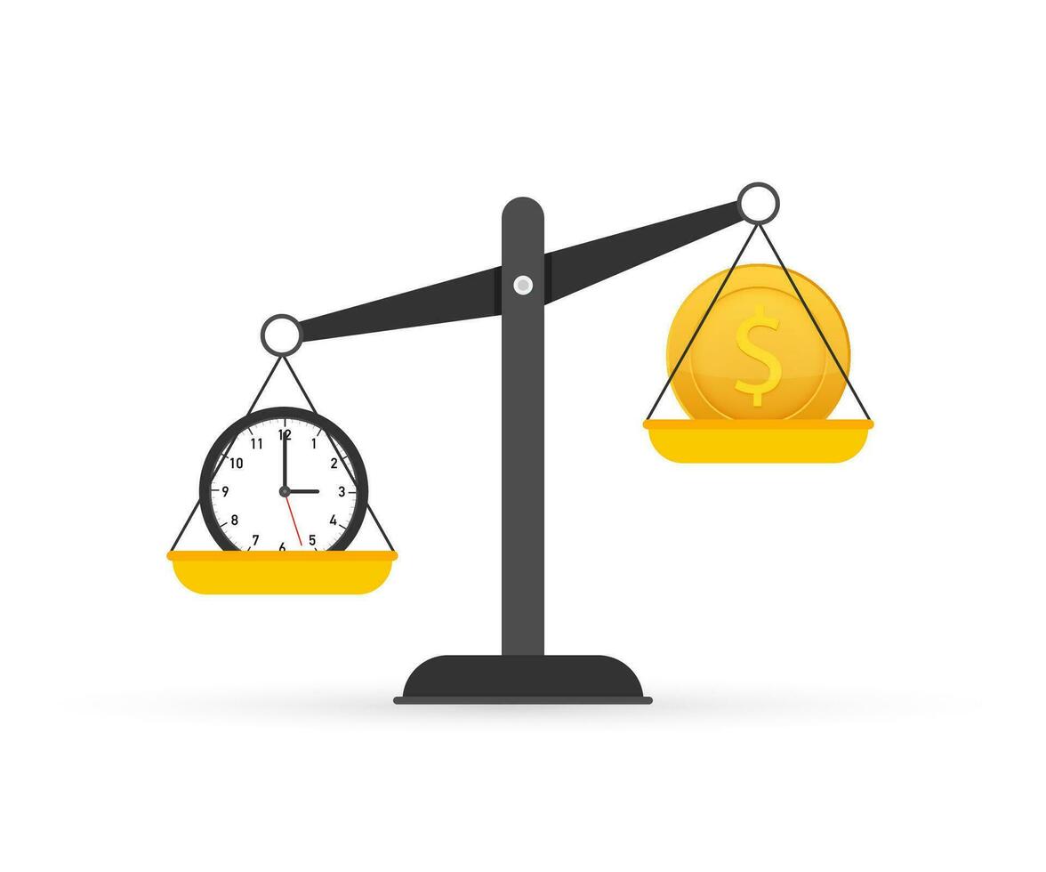 Time is money on scales icon. Money and time balance on scale. Vector stock illustration