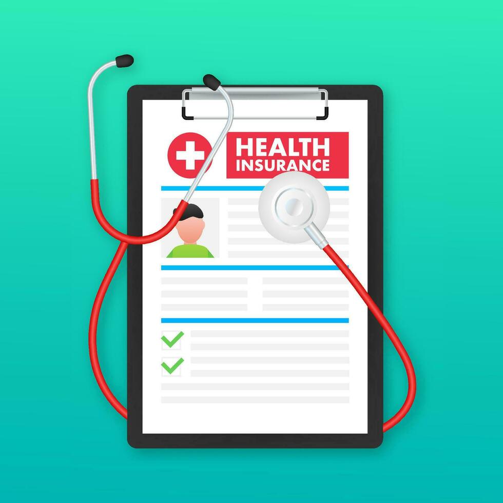 Health insurance concept. Medical document, clipboard Vector illustration