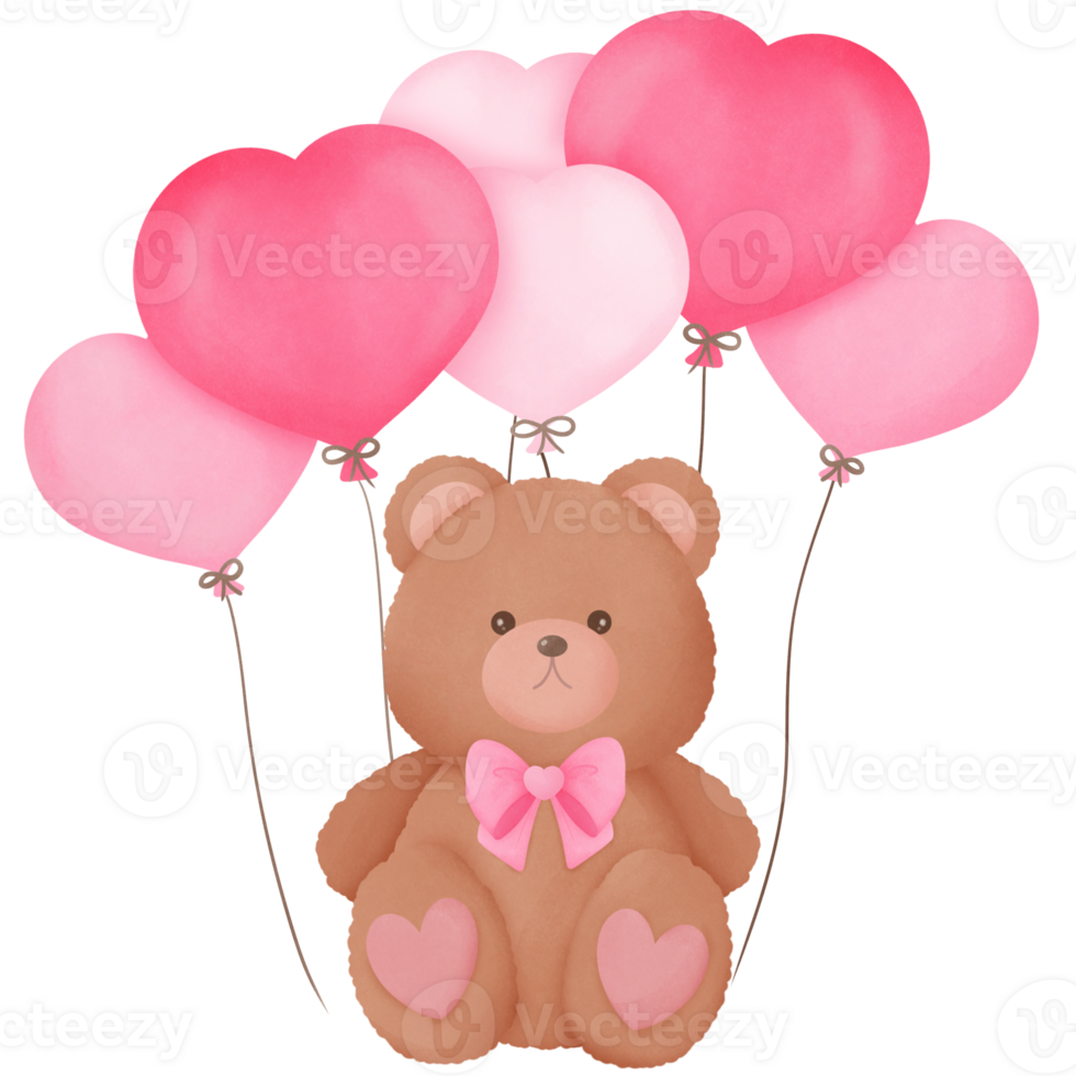Watercolor Fuzzy Valentine Teddy bear with balloons, for decoration invitation and greetings png