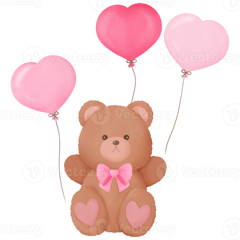 Watercolor Fuzzy Valentine Teddy bear with balloons, for decoration invitation and greetings png