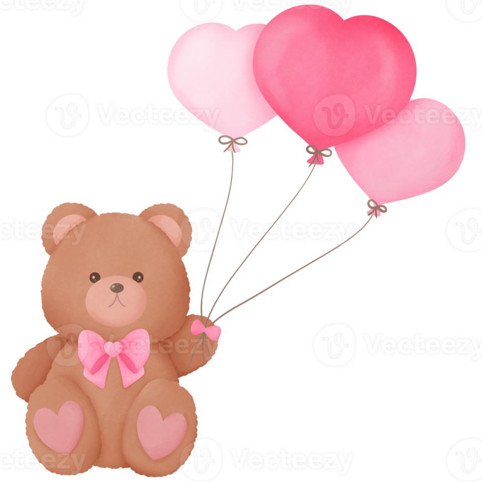 Watercolor Fuzzy Valentine Teddy bear with balloons, for decoration invitation and greetings png