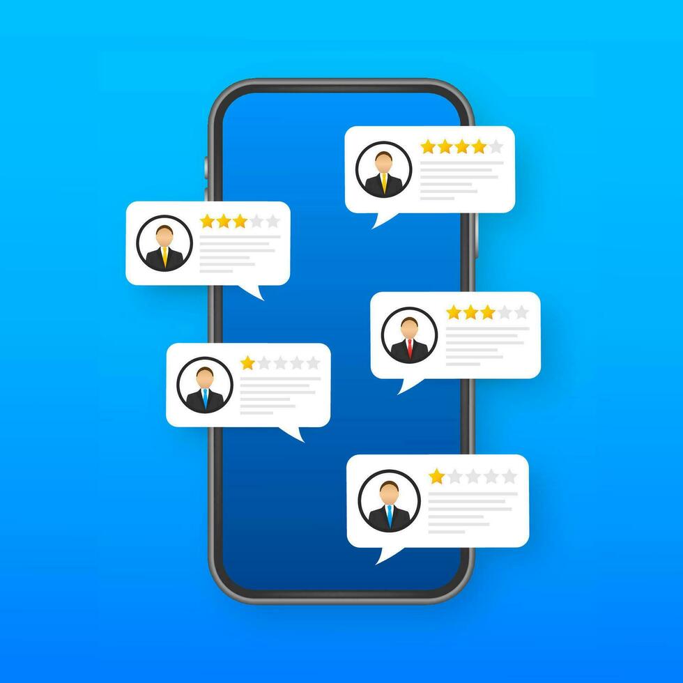 Review rating bubble speeches on mobile phone illustration, flat style smartphone reviews stars with good and bad rate and text. Vector Vector stock illustration