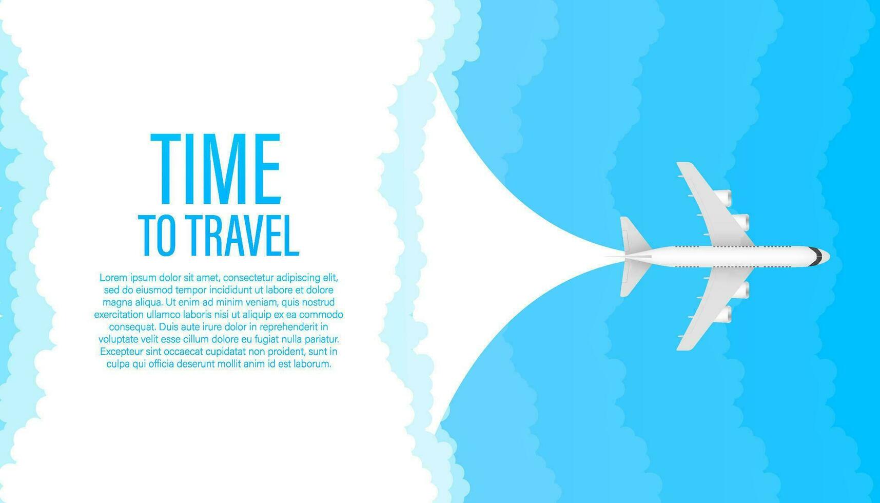 Time to travel. White airplane on a blue background in profile, banner, isolated. White airplane on a blue background in profile, banner, isolated. Vector stock illustration.