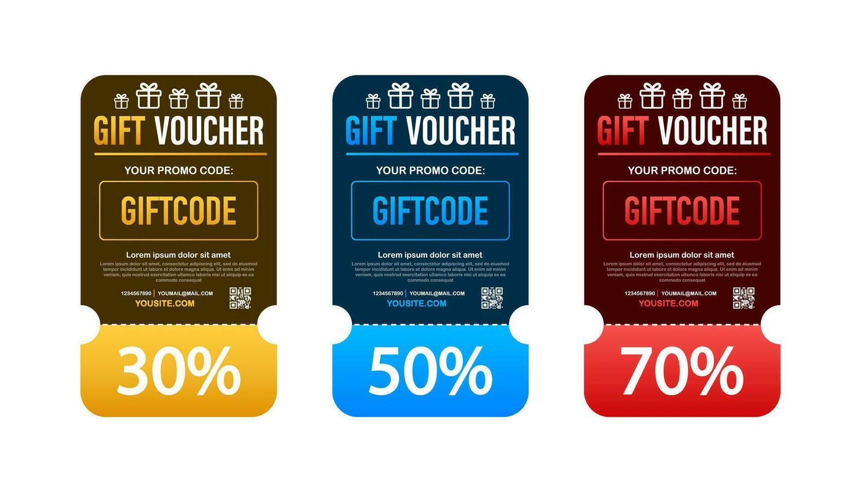 Template red and blue gift card. Vector Gift Voucher with Coupon Code. Discount voucher. Vector stock illustration
