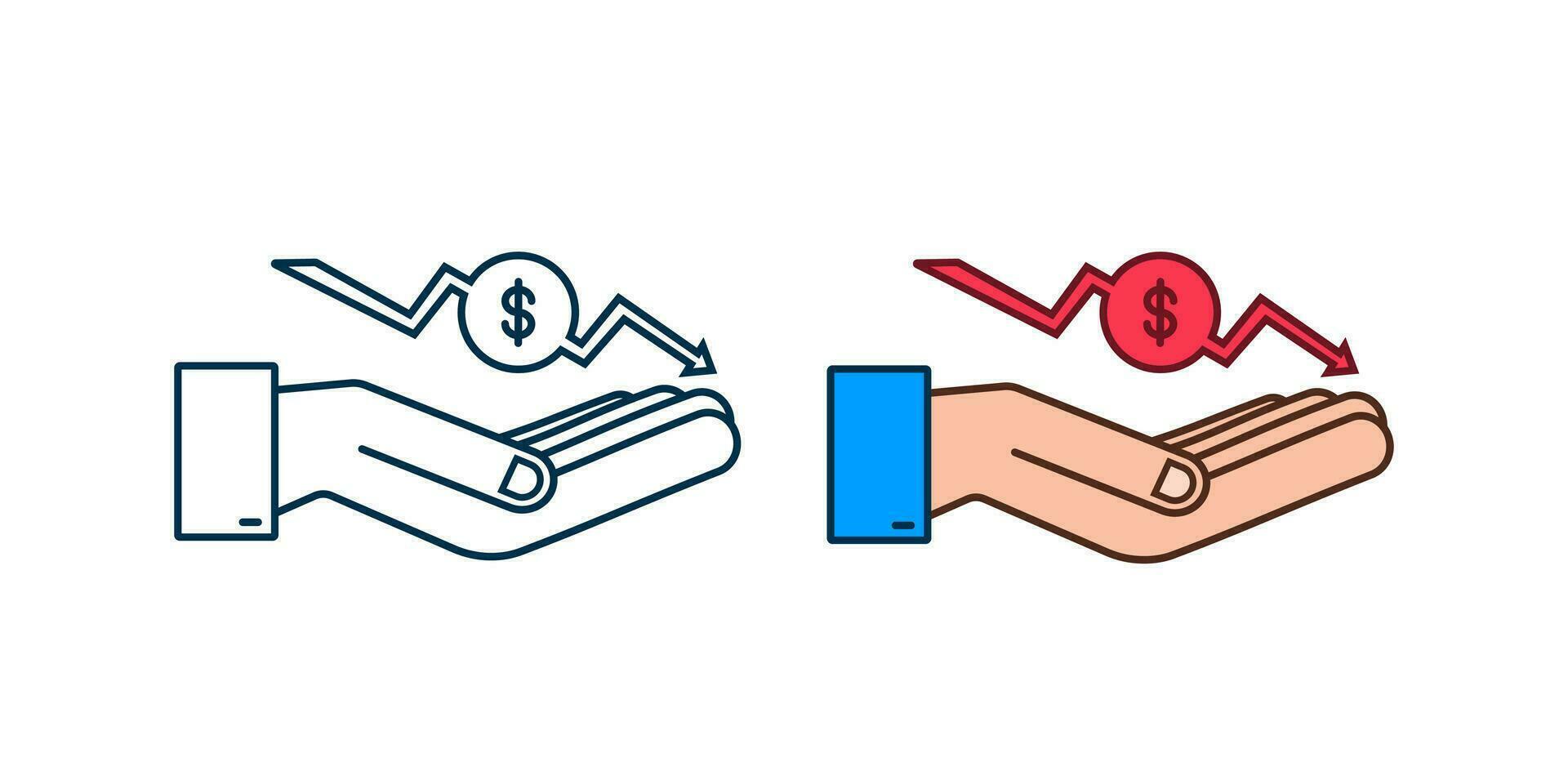 Money loss sign in hands. Cash with down arrow stocks graph, concept of financial crisis, market fall, bankruptcy. Vector stock illustration
