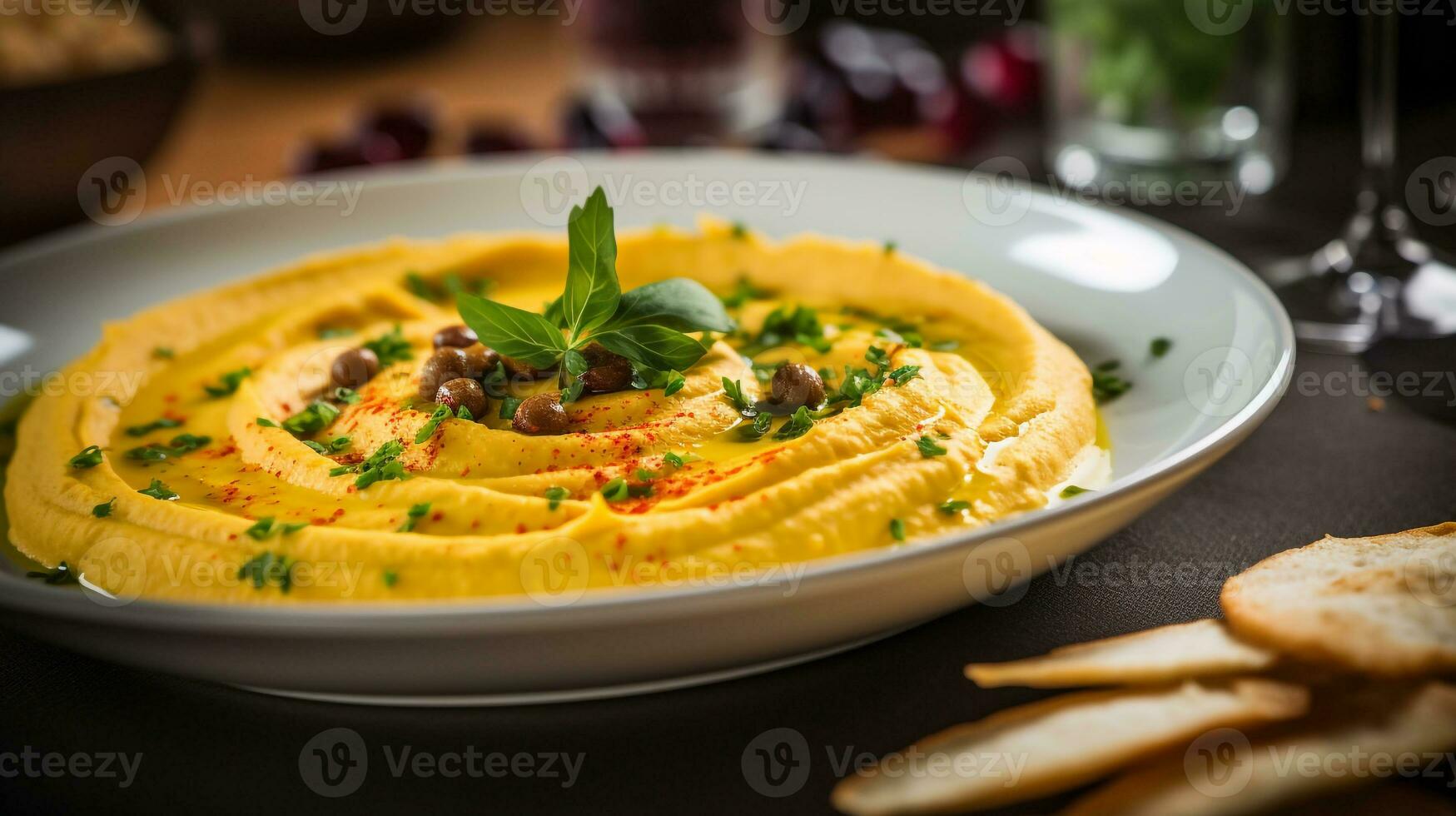 Photo of Pumpkin Hummus as a dish in a high-end restaurant. Generative AI