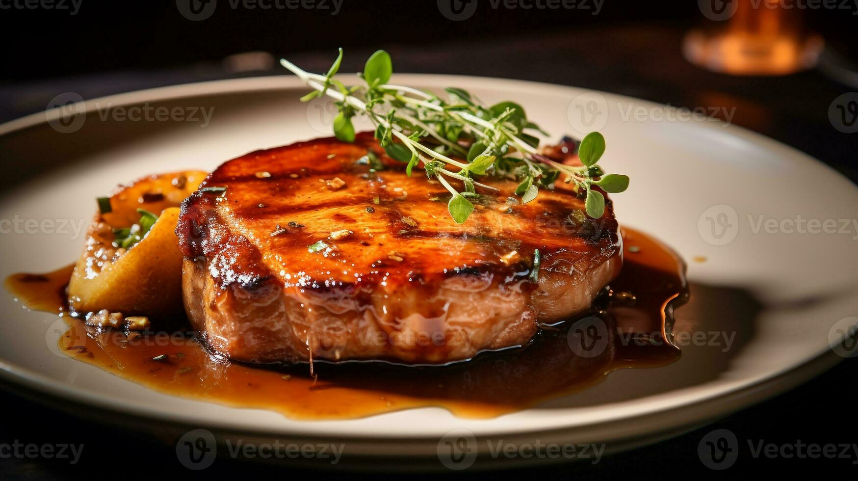 foto de manzana sidra vidriado Cerdo labios como un plato en un gama alta restaurante. generativo ai